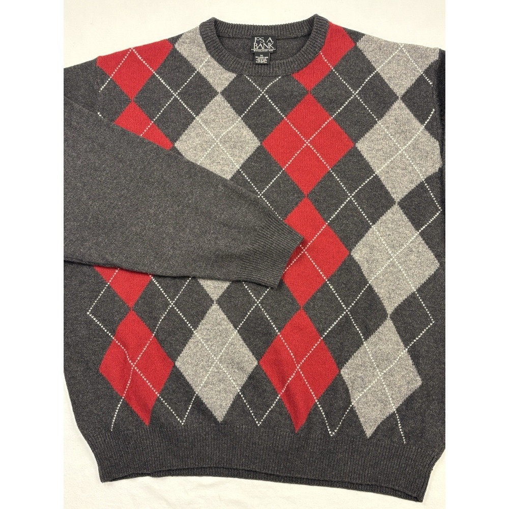 Jos A Bank Lambswool Argyle Crew Neck Sweater Charcoal/Red/Gray/Ivory XL EUC